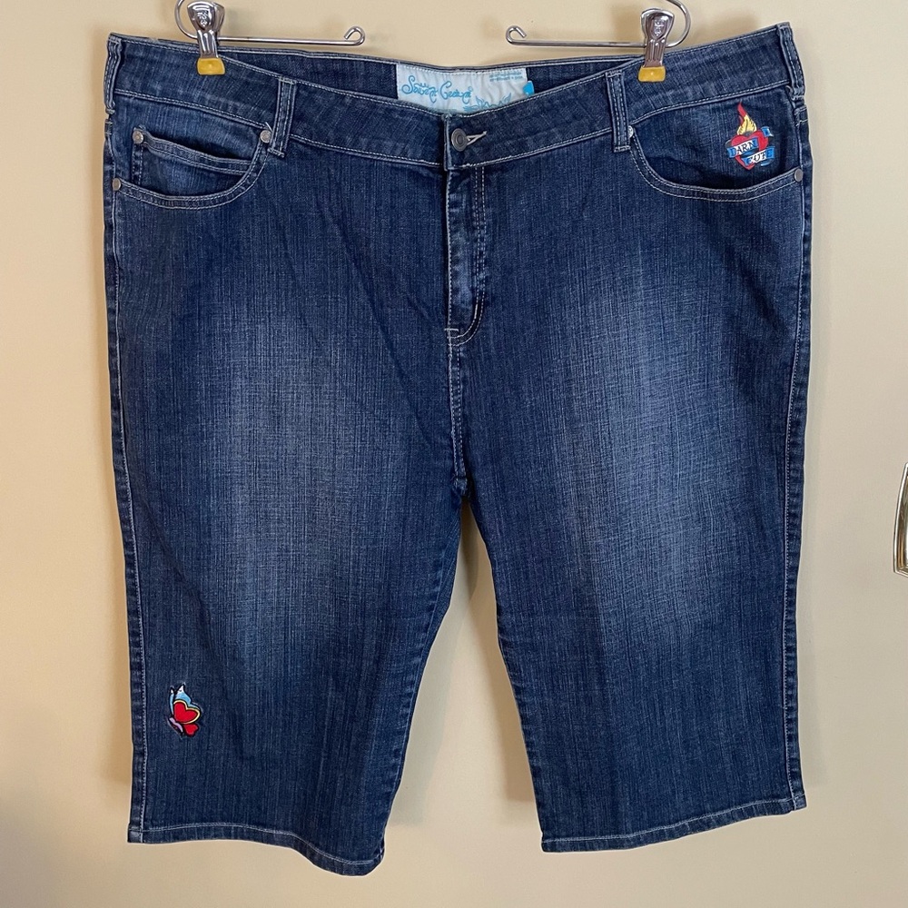 Sour n’ Cream Blue Denim Bermuda Shorts with Embroidered Patches